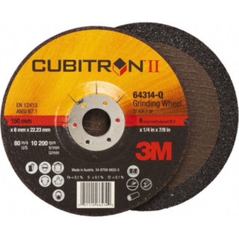 3M 36 Grit, 6 Wheel Diam, 1/4 Wheel Thickness, 7/8 Arbor Hole, Type 27 Depressed Center Wheel Coarse Grade, Ceramic, Resinoid Bond, Q Hardness, 10,200 Max RPM, Compatible with Angle Grinder 7100094061 – 35191253