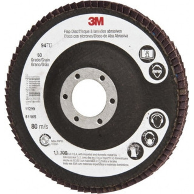 3M 4-1/2 60 Grit 7/8 Center Hole Type 27 Ceramic Flap Disc Medium Grade, Coated, Arbor Attachment, Cloth Backing, 13,300 RPM 7000118483 – 74042003