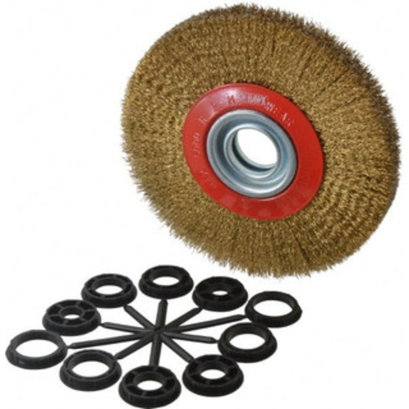 Value Collection 7 OD, 1-1/4 Arbor Hole, Crimped Brass-Coated Steel Wheel Brush 1 Face Width, 1-1/2 Trim Length, 0.012 Filament Diam, 6,000 RPM S04064796 – 04064796