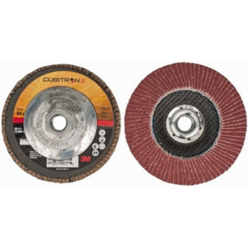 3M 4-1/2 60 Grit 5/8-11 Center Hole Type 29 Ceramic Flap Disc Medium Grade, Coated, Arbor Attachment, Cloth Backing, 13,300 RPM 7100032359 – 52673506