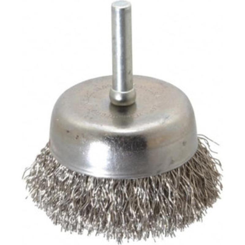 Made in USA 2-1/4 Diam 1/4 Shank Stainless Steel Fill Cup Brush Crimped Wire, 0.014 Wire Diam, 5/8 Trim, 13,000 Max RPM PB33500 – 03541463