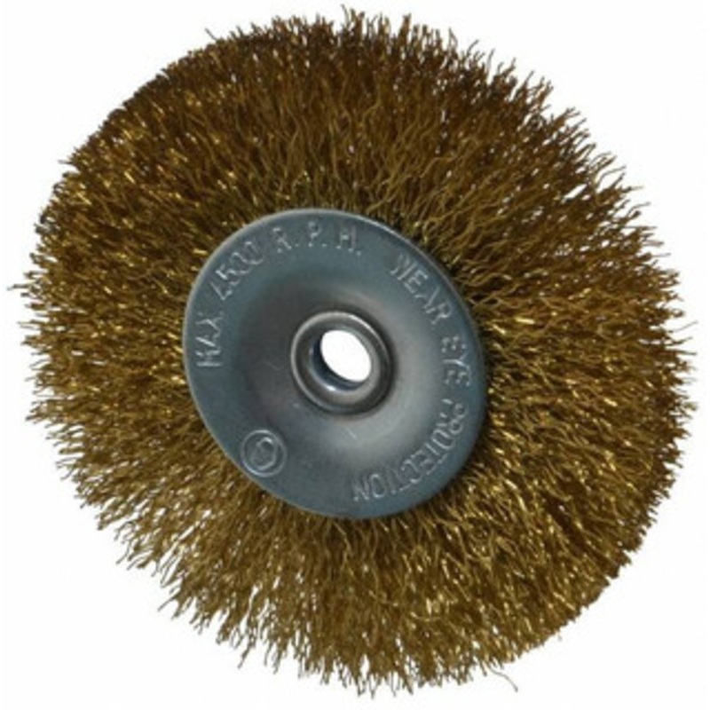 Value Collection 2-1/2 OD, 1/4 Shank Diam, Crimped Brass-Coated Steel Wheel Brush 11/32 Face Width, 1/2 Trim Length, 0.008 Filament Diam, 4,500 RPM S04065215 – 04065215
