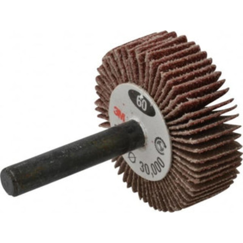 3M 1-1/2 Diam x 1/2 Face Width, Medium Aluminum Oxide Coated Mounted Flap Wheel 1/4 Shank Mount, 60 Grit, XE Weighted Cloth Backing, 22,000 Max RPM 00051144968084 – 09288481