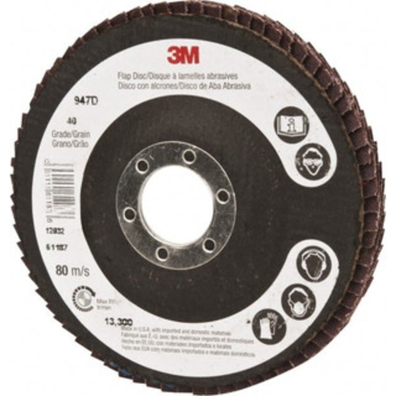 3M 4-1/2 40 Grit 7/8 Center Hole Type 27 Ceramic Flap Disc Coarse Grade, Coated, Arbor Attachment, Cloth Backing, 13,300 RPM 7000044942 – 74041997