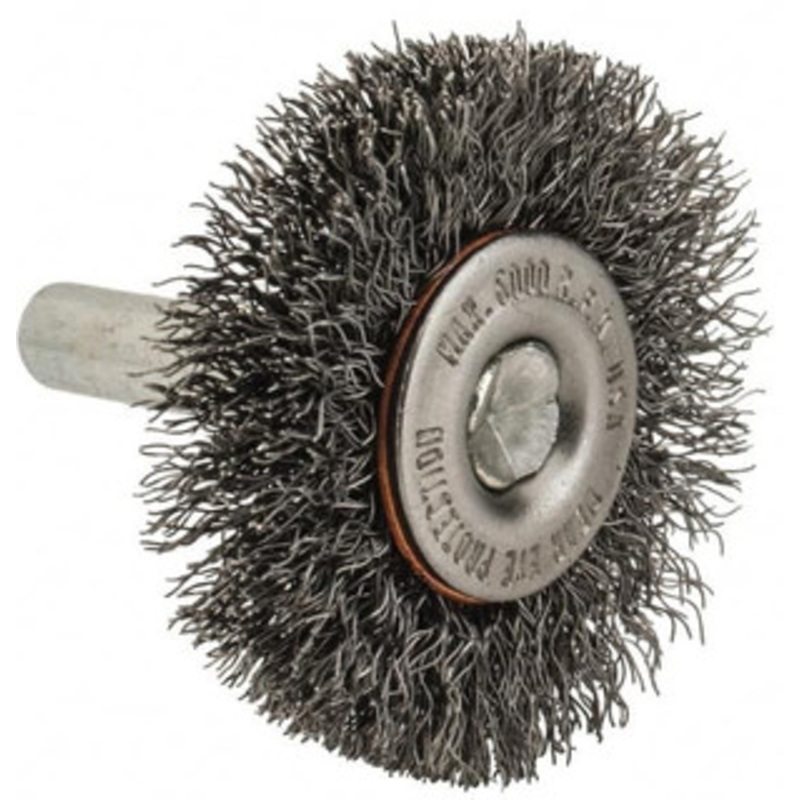 Made in USA 1-1/2 OD, 1/4 Shank Diam, Crimped Steel Wheel Brush 1/4 Face Width, 0.008 Filament Diam, 6,000 RPM PB84016 – 00354027