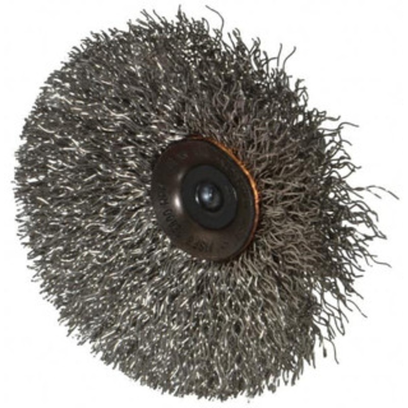 Osborn 3 OD, 1/4 Shank Diam, Crimped Stainless Steel Wheel Brush 7/16 Face Width, 15/16 Trim Length, 0.014 Filament Diam, 20,000 RPM 0001147800 – 06082473