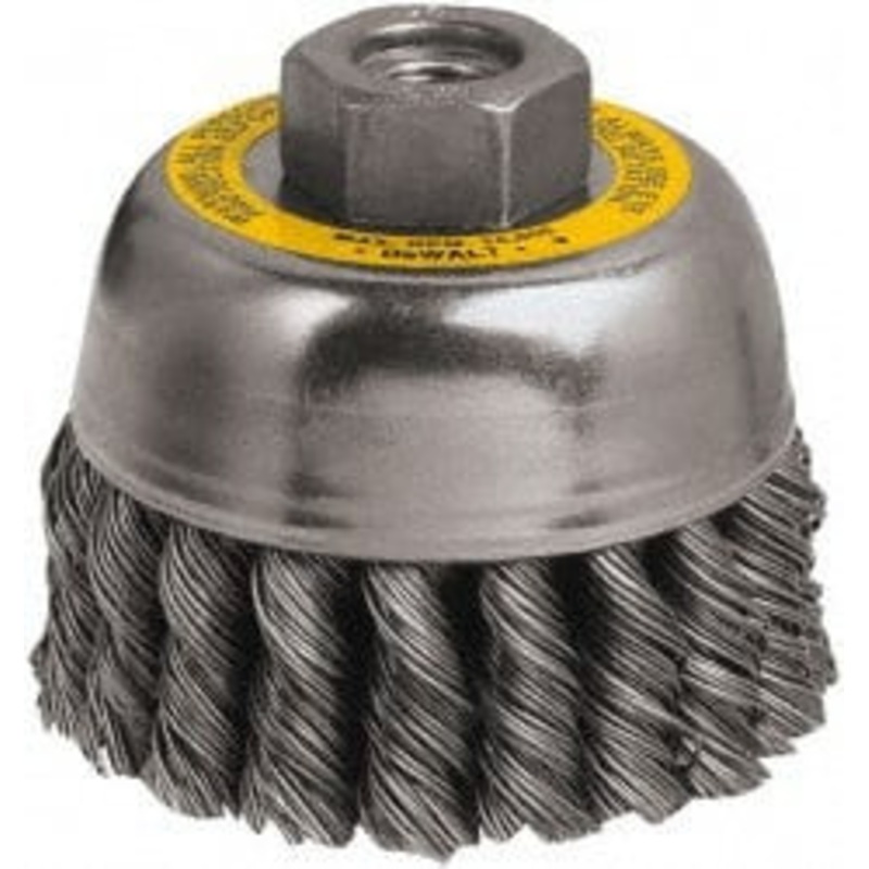 DeWALT 3 Diam M10x1.25 Threaded Arbor Steel Fill Cup Brush Knotted Wire, 0.02 Wire Diam, 7/8 Trim, 14,000 Max RPM DW4915 – 60713013