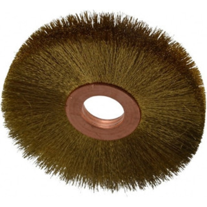 Osborn 3 OD, 5/8 Arbor Hole, Crimped Brass Wheel Brush 3/8 Face Width, 15/16 Trim Length, 0.005 Filament Diam, 15,000 RPM 0001142500 – 06082002