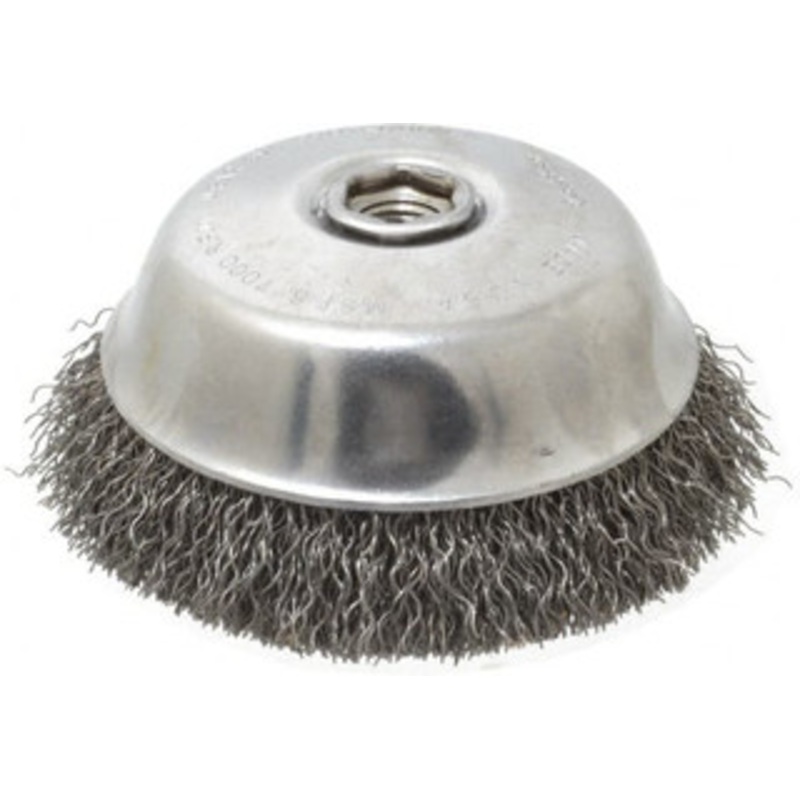 Osborn 6 Diam 5/8-11 Threaded Arbor Steel Fill Cup Brush Crimped Wire, 0.02 Wire Diam, 1-1/2 Trim, 7,000 Max RPM 0003213600 – 00221424