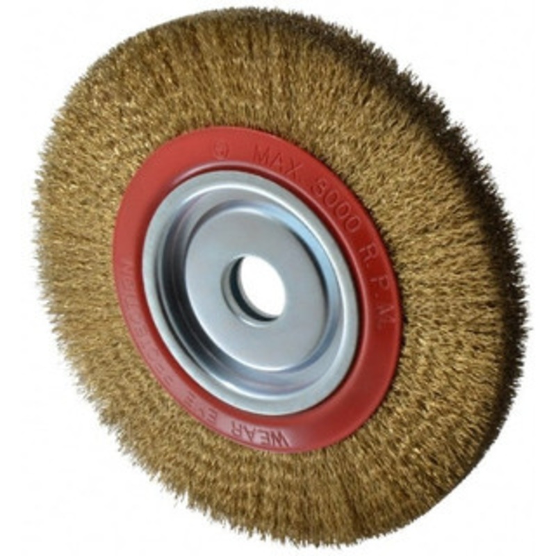 Value Collection 10 OD, 1-1/4 Arbor Hole, Crimped Brass-Coated Steel Wheel Brush 1 Face Width, 1-15/32 Trim Length, 0.014 Filament Diam, 3,000 RPM S04064697 – 04064697