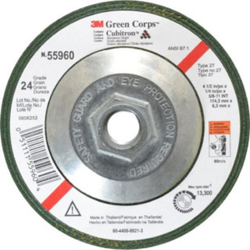 3M 24 Grit, 4-1/2 Wheel Diam, 1/4 Wheel Thickness, Type 27 Depressed Center Wheel Ceramic, 13,300 Max RPM, Compatible with Angle Grinder 7010308189 – 43349505