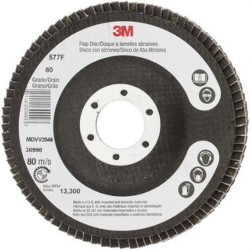 3M 4-1/2 80 Grit 7/8 Center Hole Type 29 Zirconia Alumina Flap Disc Medium Grade, Coated, Arbor Attachment, Cloth Backing, 13,300 RPM 7000119474 – 93876100