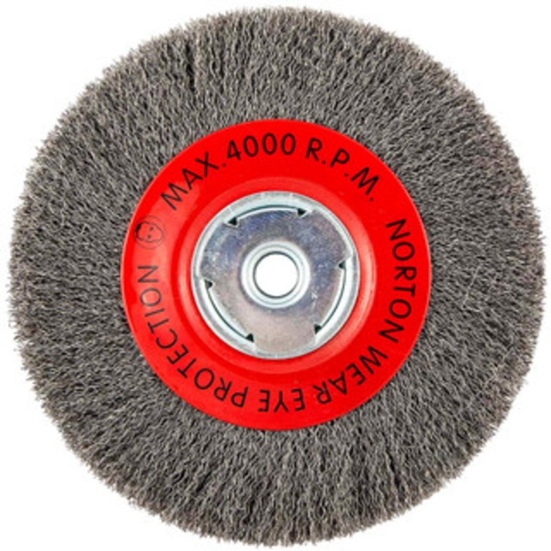 Norton 8 OD, 5/8 Arbor Hole, Crimped Carbon Wheel Brush 1 Face Width, 1-9/16 Trim Length, 4,000 RPM 66252839100 – 98091580