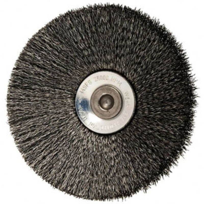 Osborn 3 OD, 1/4 Shank Diam, Crimped Steel Wheel Brush 7/16 Face Width, 15/16 Trim Length, 0.006 Filament Diam, 20,000 RPM 0001146500 – 06082341