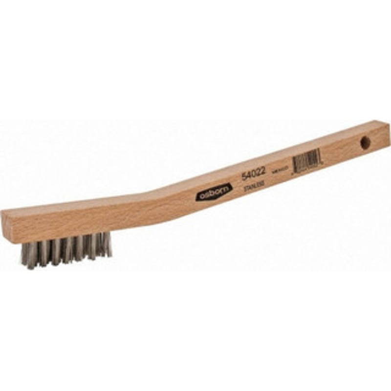 Osborn 3 Rows x 7 Columns Stainless Steel Scratch Brush 1-7/16 Brush Length, 7-3/4 OAL, 7/16 Trim Length, Wood Curved Handle 0005402200 – 53502258