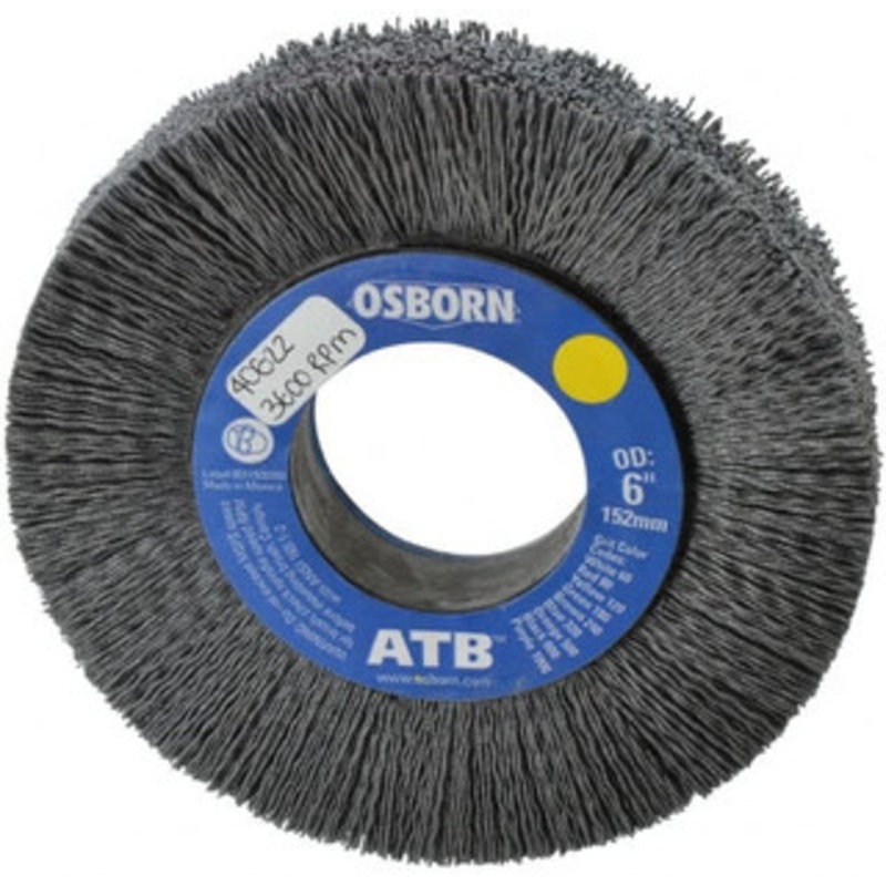 Osborn 6 OD, 2 Arbor Hole, Crimped Nylon Wheel Brush 1 Face Width, 1-1/4 Trim Length, 0.028 Filament Diam, 3,600 RPM 0004062200 – 01063502