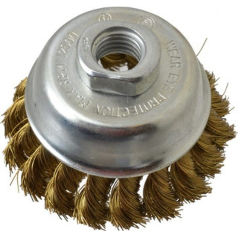 Value Collection 2-3/4 Diam 5/8-11 Threaded Arbor Brass Fill Cup Brush Knotted Wire, 0.014 Wire Diam, 3/4 Trim, 12,500 Max RPM 2107558335 – 74038522