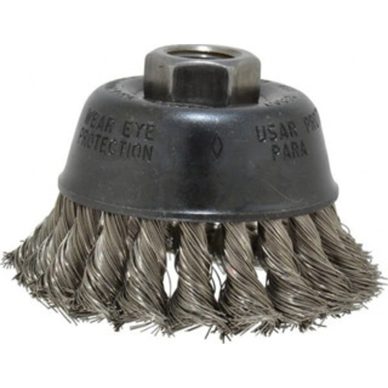 Osborn 2-3/4 Diam 5/8-11 Threaded Arbor Stainless Steel Fill Cup Brush Knotted Wire, 0.014 Wire Diam, 14,000 Max RPM 0003356700 – 00221788