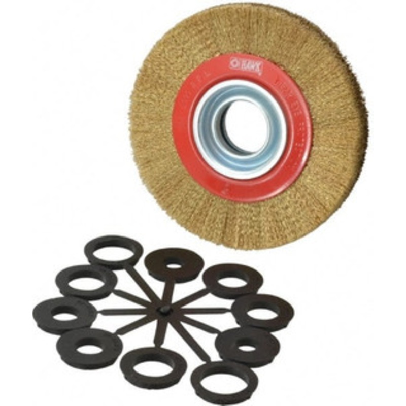 Value Collection 6 OD, 1-1/4 Arbor Hole, Crimped Brass-Coated Steel Wheel Brush 11/16 Face Width, 1-1/8 Trim Length, 0.007 Filament Diam, 6,000 RPM S04064903 – 04064903