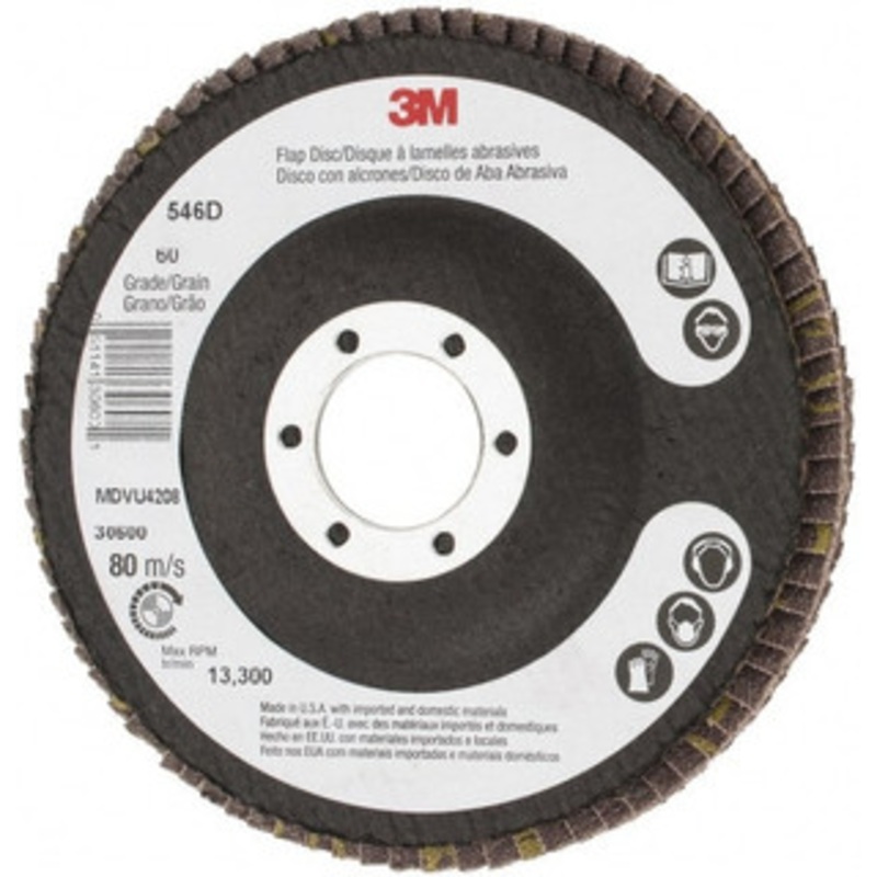 3M 4-1/2 60 Grit 7/8 Center Hole Type 27 Zirconia Alumina Flap Disc Medium Grade, Coated, Arbor Attachment, Cloth Backing, 13,300 RPM 7000119051 – 79110409