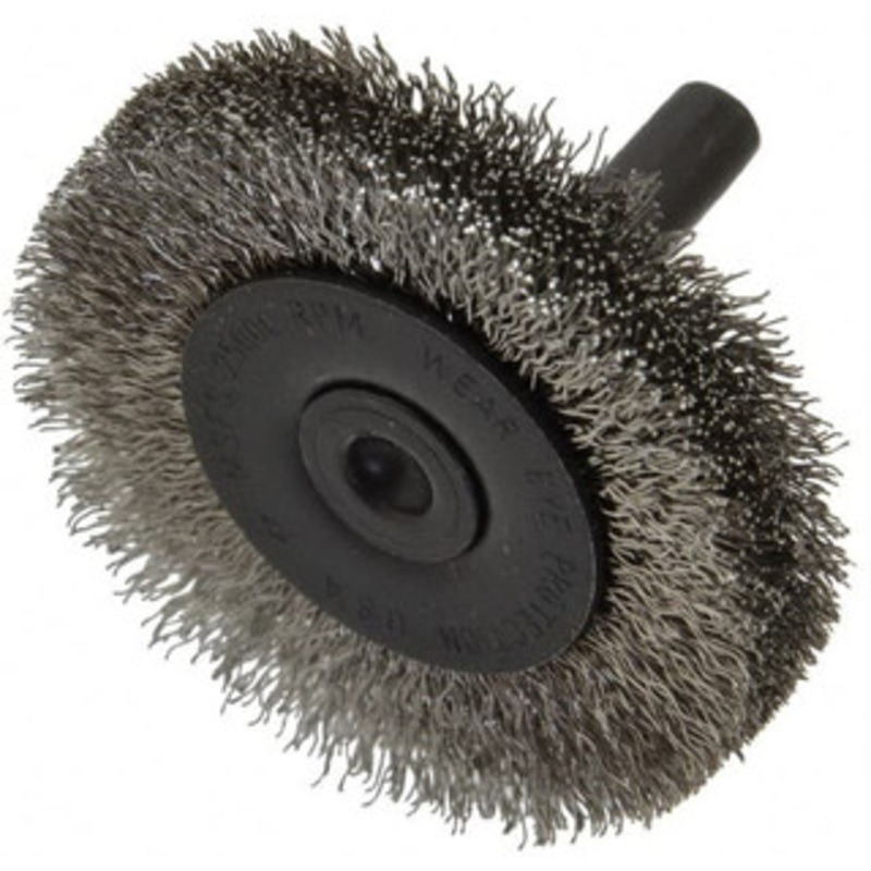 Osborn 2 OD, 1/4 Shank Diam, Crimped Stainless Steel Wheel Brush 3/8 Face Width, 7/16 Trim Length, 0.008 Filament Diam, 25,000 RPM 0001144900 – 06082184