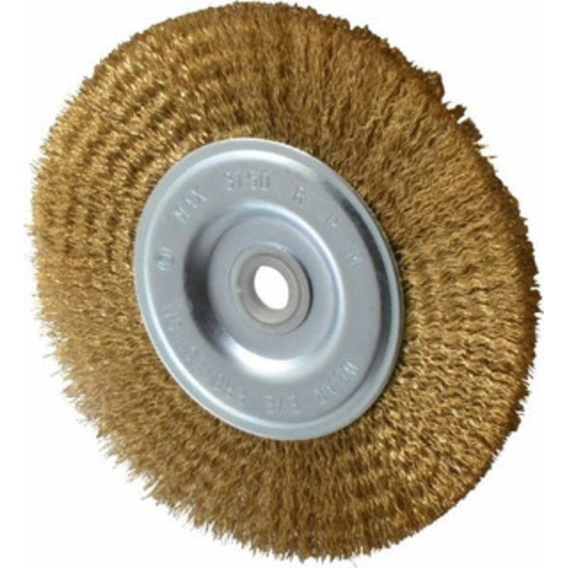 Value Collection 6 OD, 5/8 Arbor Hole, Crimped Brass-Coated Steel Wheel Brush 1/2 Face Width, 1-3/8 Trim Length, 0.012 Filament Diam, 3,750 RPM S04065124 – 04065124