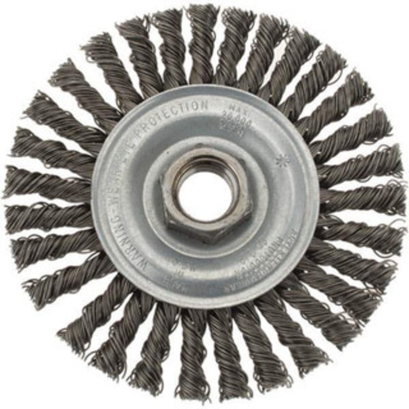 Weiler Abrasives 4 OD, 5/8-11 Arbor Hole, Knotted Steel Wheel Brush 3/16 Face Width, 7/8 Trim Length, 0.02 Filament Diam, 20,000 RPM 94845 – 64705346