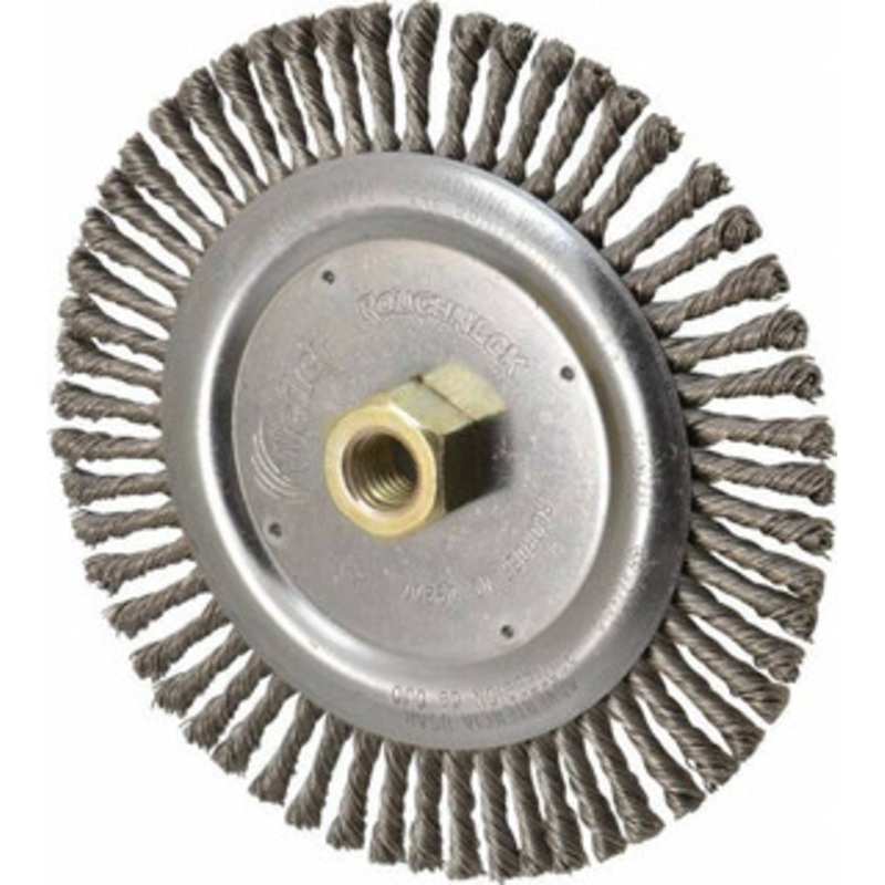 Weiler Abrasives 6-7/8 OD, 5/8-11 Arbor Hole, Knotted Stainless Steel Wheel Brush 3/16 Face Width, 1-1/8 Trim Length, 0.02 Filament Diam, 9,000 RPM 94667 – 03597424