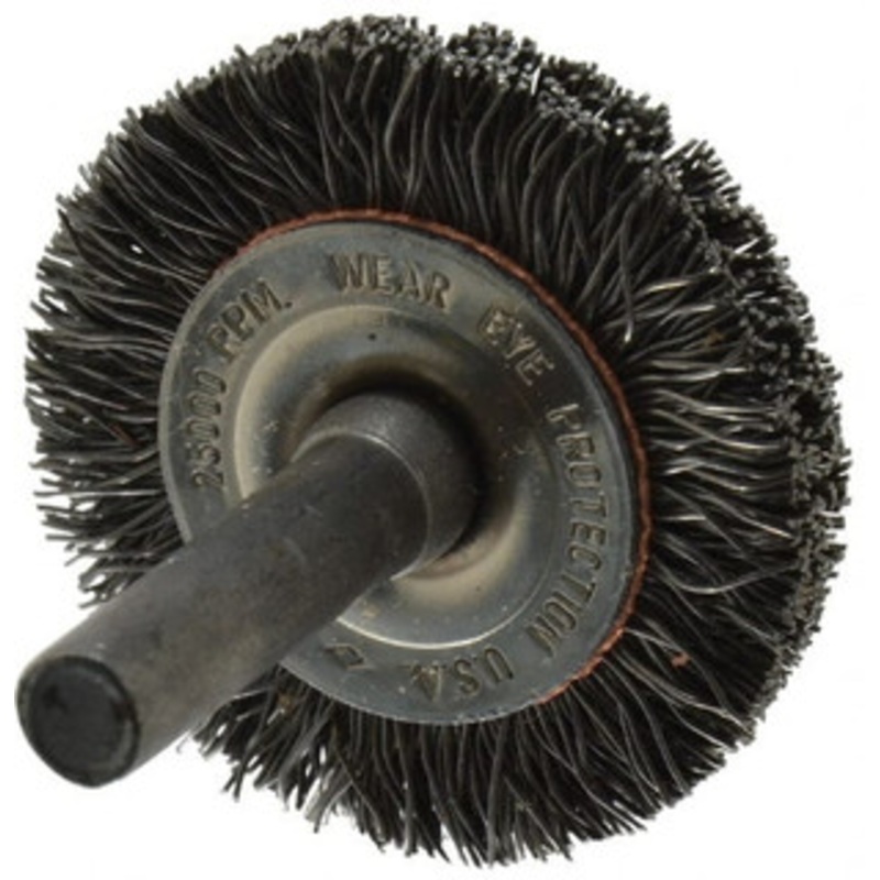 Osborn 1-1/2 OD, 1/4 Shank Diam, Crimped Steel Wheel Brush 3/8 Face Width, 9/32 Trim Length, 0.014 Filament Diam, 25,000 RPM 0001143500 – 06082044