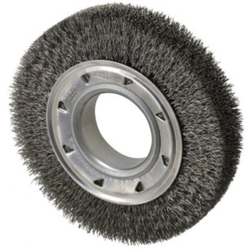 Osborn 6 OD, 2 Arbor Hole, Crimped Steel Wheel Brush 1-1/4 Face Width, 1 Trim Length, 0.014 Filament Diam, 6,000 RPM 0002200800 – 06080808