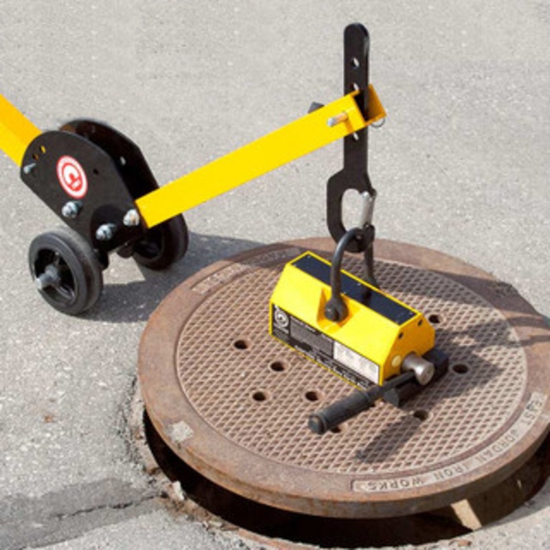 Magnetic Manhole Cover Lift Dolly System, for 30 – 35 dia. Manhole Covers & Trench Grates, Aluminum Dolly with 6 wheels and VersaLift Magnet, 1200 lbs. Rating – MCL3W06VL1200